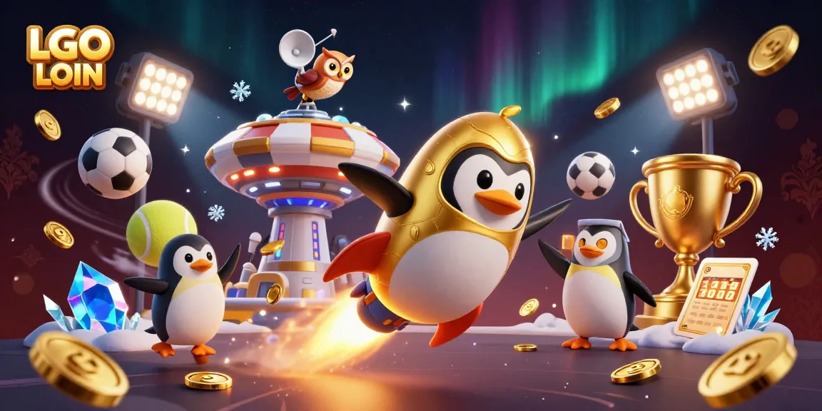 LGO LOGIN delivers thrilling casino excitement with a dynamic scene of a golden penguin and sports elements.