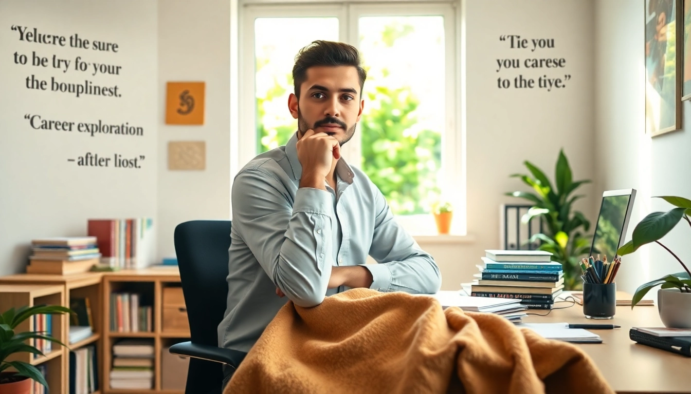 Finding my true calling illustrated through a professional contemplating career options in a warm, sunlit office space.