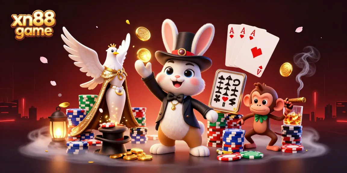 Experience the excitement of xn88 game with a magician rabbit, dove, and monkey in a vibrant casino scene.