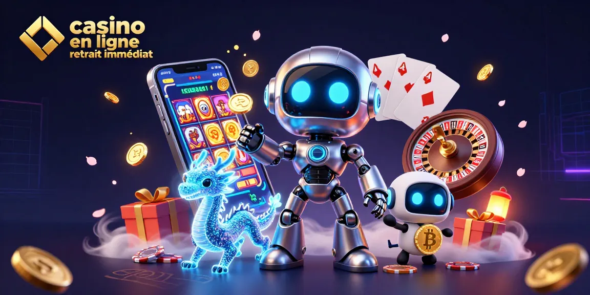 Casino en ligne retrait immédiat avec une scène dynamique de jeu, incluant un robot cyberpunk et un dragon holographique.