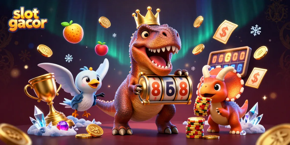 Menangkan slot gacor dengan T-Rex bermahkota emas yang mencoba bermain sambil dibantu pterodactyl di belakang.