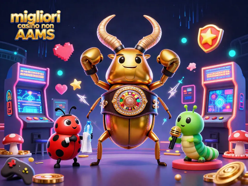 I migliori casino non AAMS presentano un emozionante match tra un coleottero dorato e un grillo, con giochi e monete sullo sfondo.