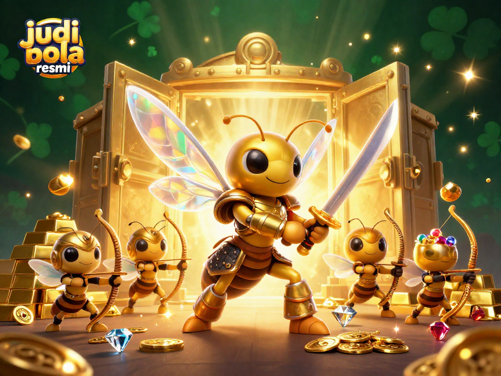 Engage in judi bola resmi as a golden hornet samurai leads a vibrant casino scene filled with treasures.