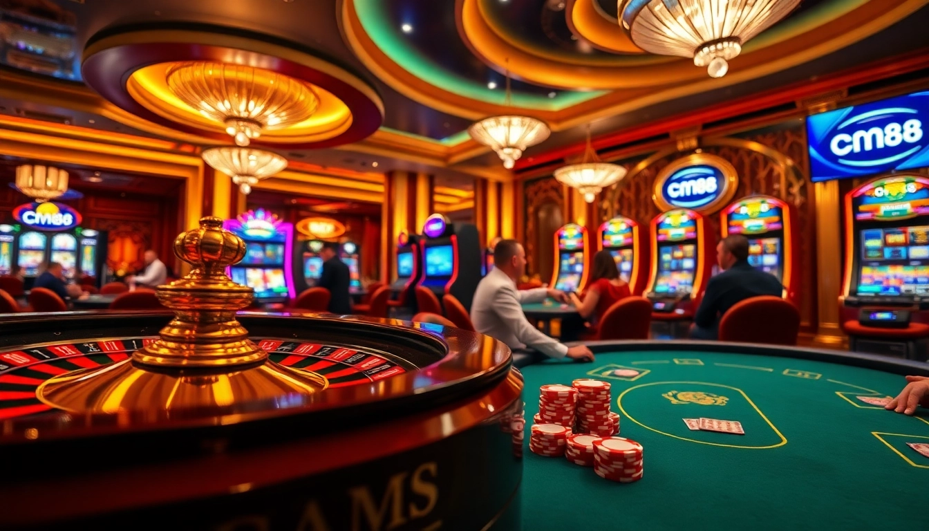 Play high-stakes games at CM88 casino with vibrant slot machines and poker chips.