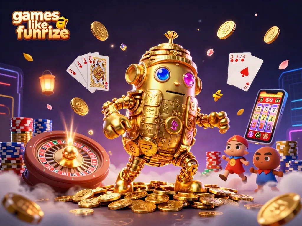 Experience games like Funrize with this vibrant 3D illustration showcasing a golden golem and casino elements.