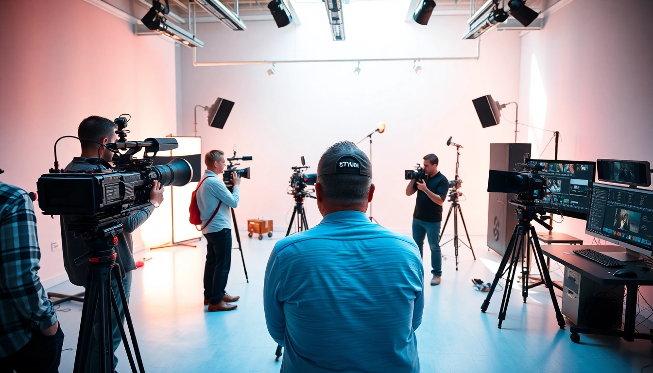 High-energy video production edmonton team working in a modern studio with advanced equipment.