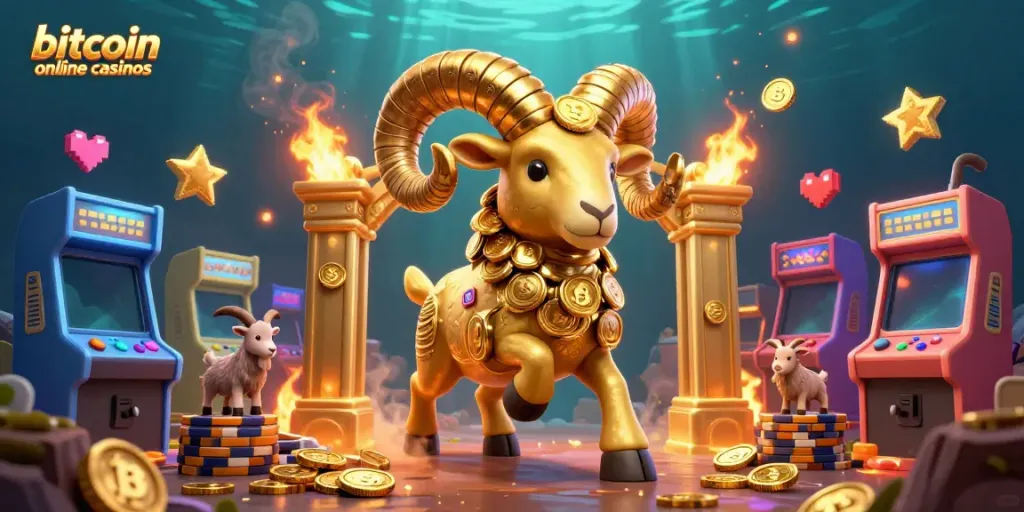 Experience the thrill of bitcoin online casinos with a vibrant 3D illustration featuring games and energetic characters.