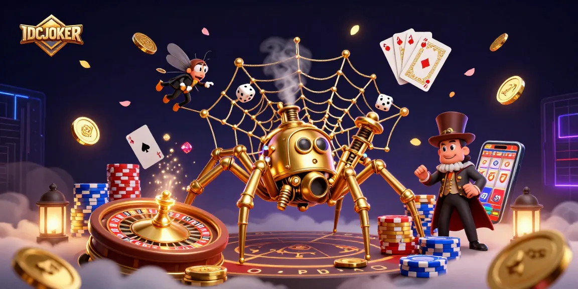 IDCJOKER captivates players with a vibrant, animated scene of a steampunk spider and gentleman amidst casino elements.