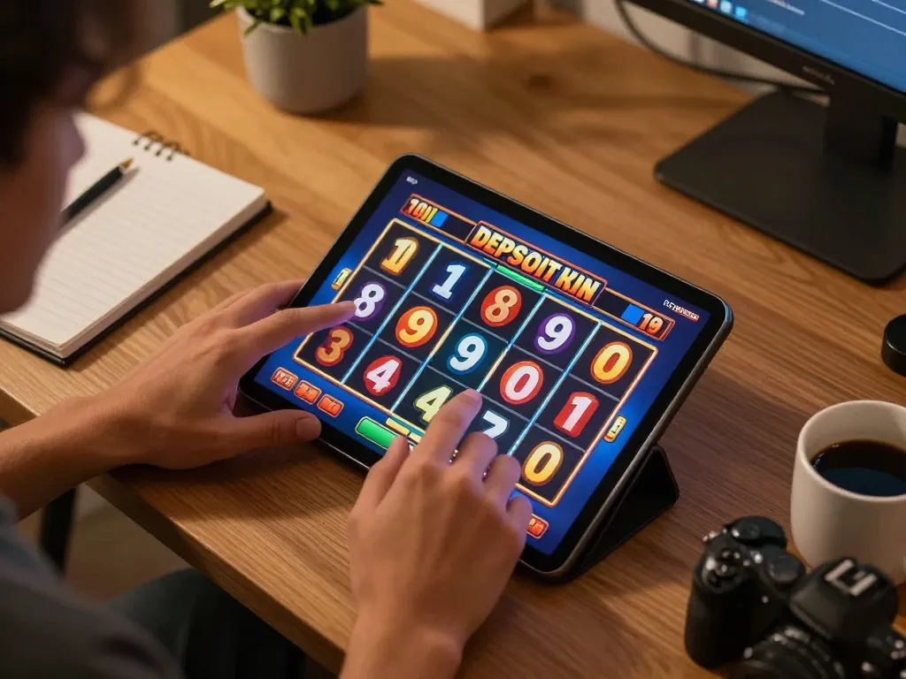 Engaging in slot deposit 10 ribu gaming on a tablet, showcasing a vibrant online casino experience.