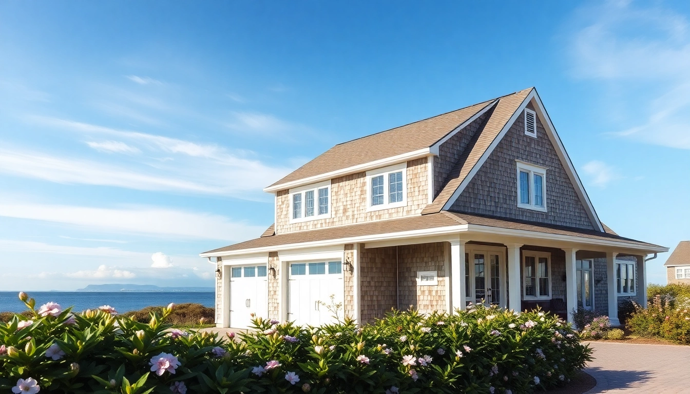 Stunning cape cod home addition showcasing a seamless attached garage and vibrant coastal landscaping.