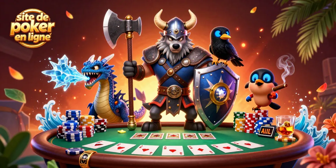 Jouez sur un site de poker en ligne palpitant, avec des personnages animés autour d'une table de jeu.