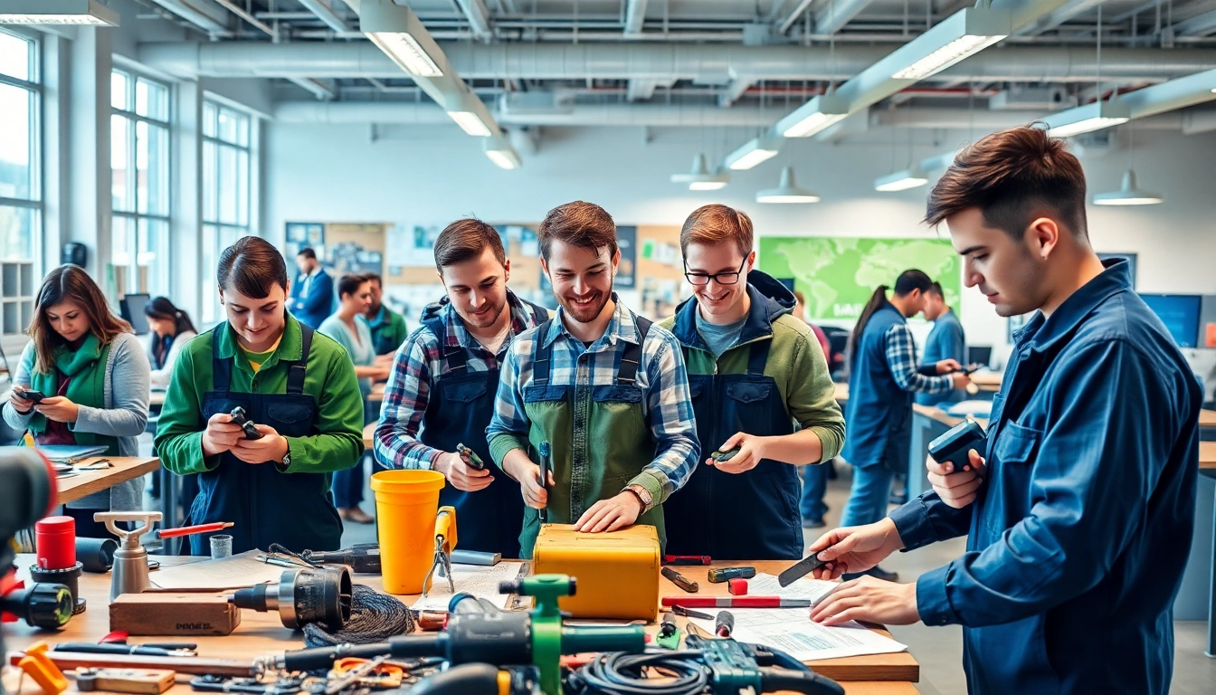 Students practicing skills at abc trade school, engaged in hands-on training in a modern classroom.
