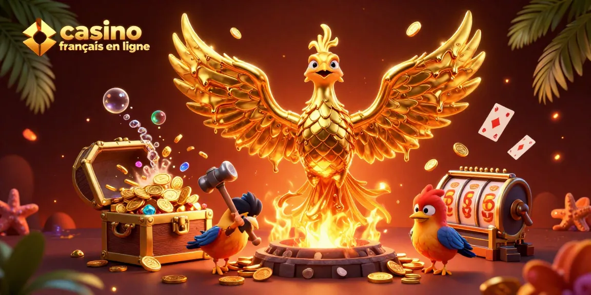 Jeu palpitant d'un casino français en ligne avec un phoenix doré et des pièces volantes.