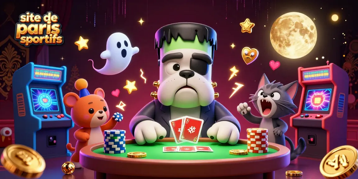 Visuel captivant du site de paris sportifs avec un bulldog Frankenstein et un chaton loup autour d'une table mystérieuse.