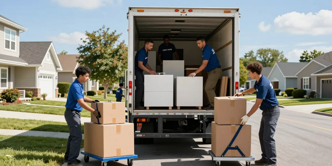 Professional movers from Men on Mission efficiently loading boxes and furniture into a moving truck in a residential neighborhood.