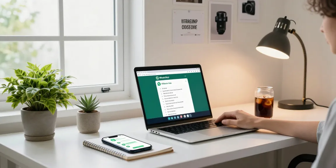 Using WhatsApp網頁版 on a laptop in a modern home office with natural lighting and motivational decor.