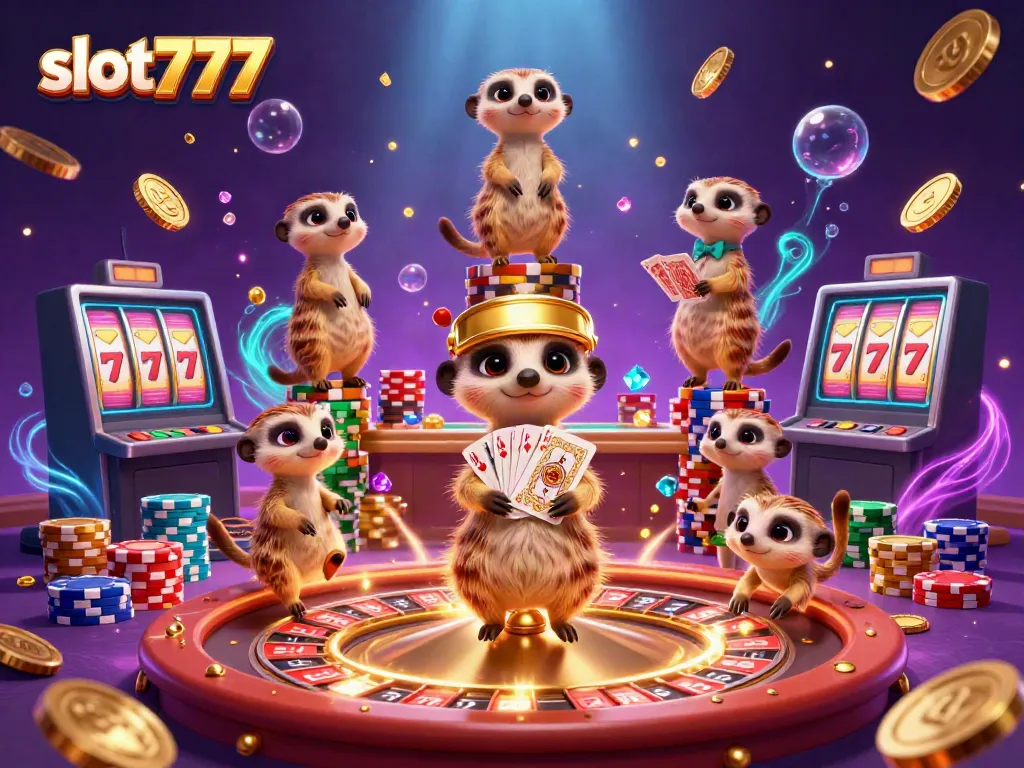 Slot777: Koloni meerkat menjalankan operasi kasino dengan kemewahan, koin emas bertebaran