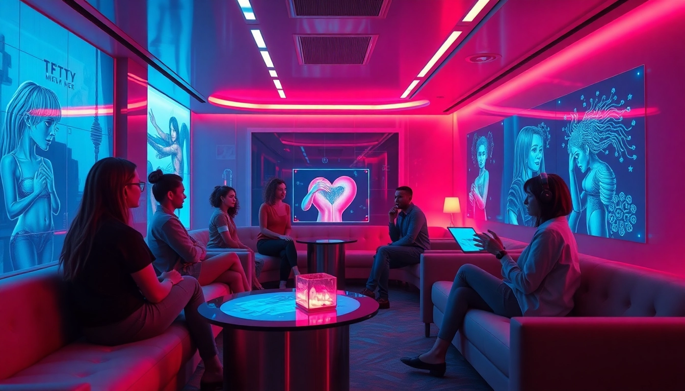 Engaging scene of ai sex interactions with futuristic technology in a modern lounge setting.