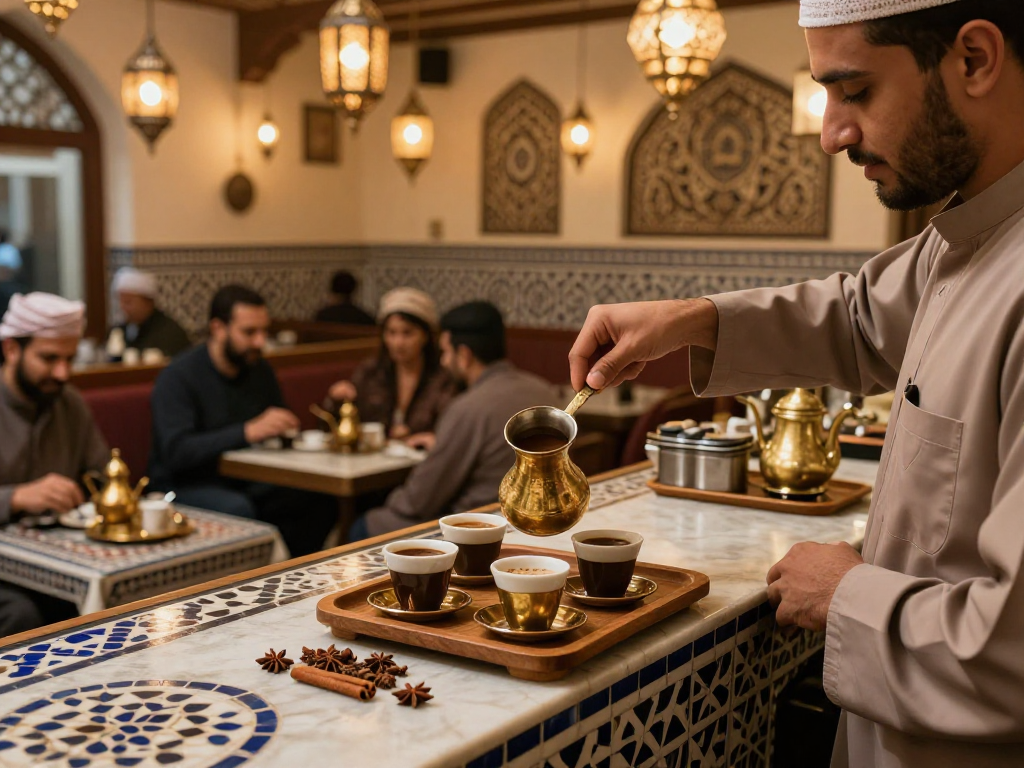 قهوجي يقدم القهوة العربية في مقهى تقليدي بأجواء دافئة