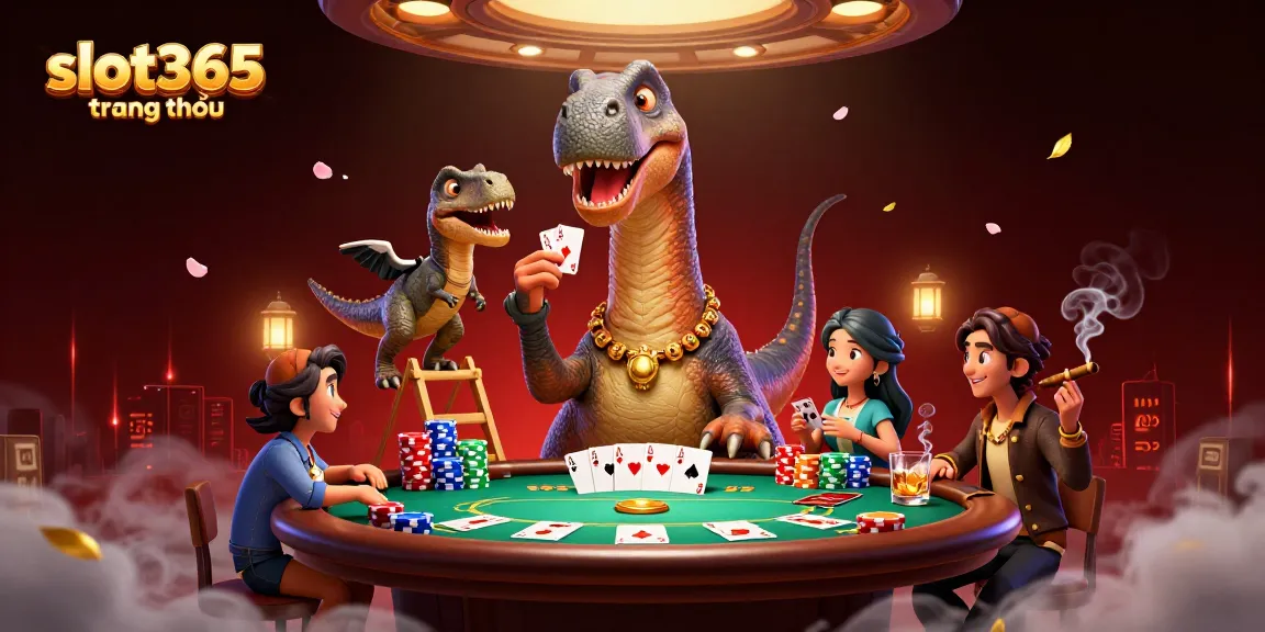 Experience excitement at slot365 trang chủ with a unique brontosaurus overseeing a vibrant poker game.