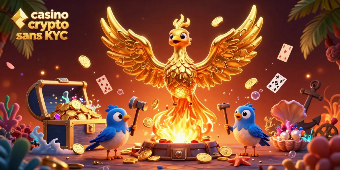 Jouer au casino crypto sans KYC avec une scène de phoenix doré et de pièces volantes, explorez le plaisir du jeu.