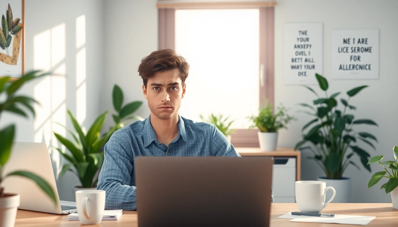 An individual reflecting on anxiety symptoms in a calm office space surrounded by greenery.