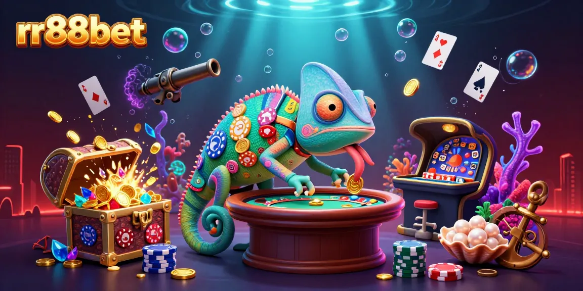 Experience the thrill of rr88bet with a vibrant underwater casino scene featuring a chameleon owner and dynamic game elements.