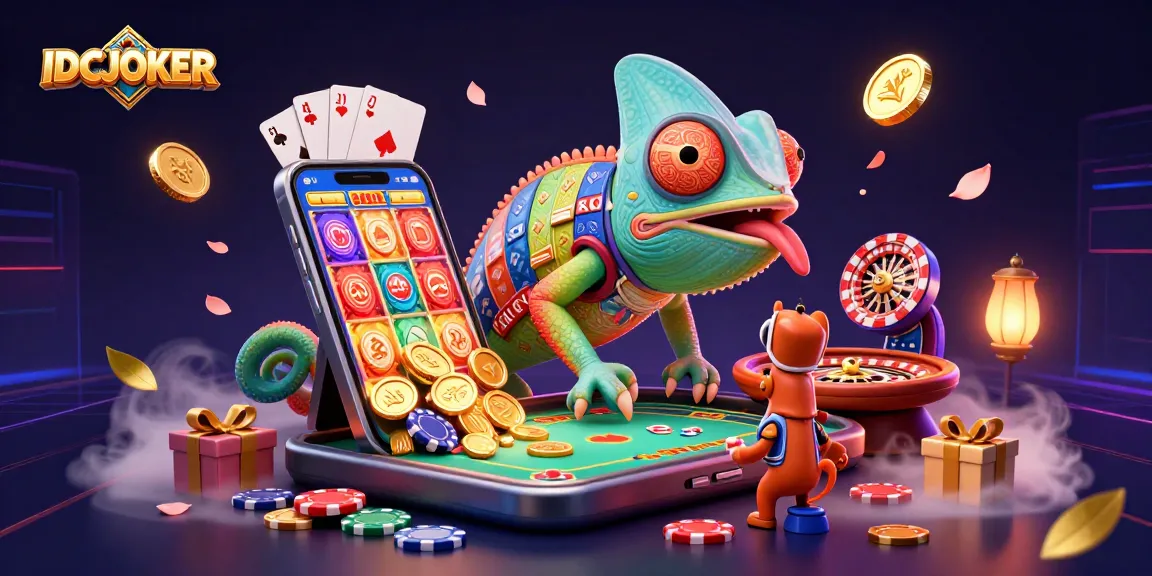 IDCJOKER chameleon casino owner snags golden coins in vibrant animated gambling scene.