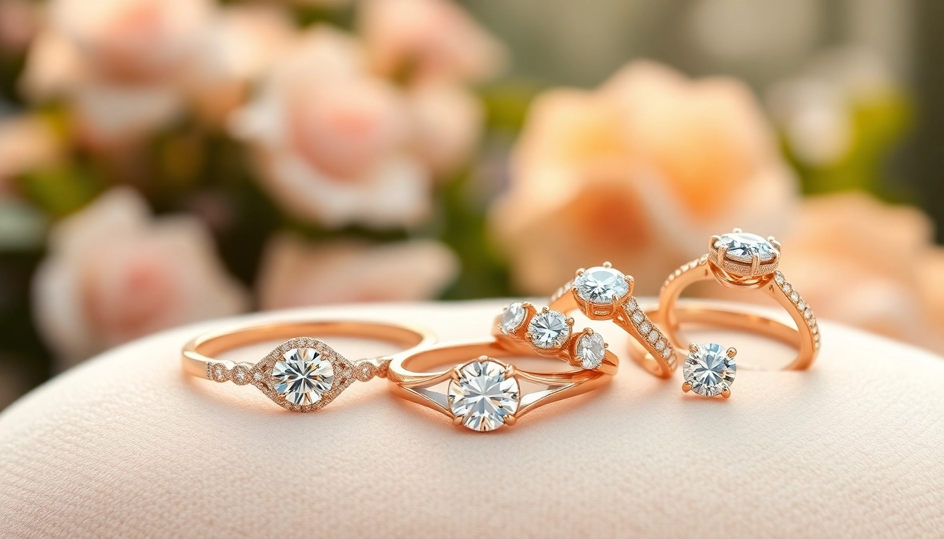 Beautiful wedding rings showcasing intricate designs on a plush cushion in a romantic setting.