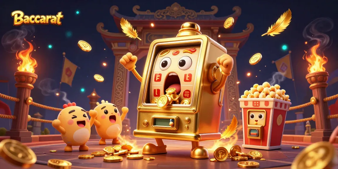 Baccarat slot machine celebrating a jackpot amidst coins, energetic casino scene full of excitement.