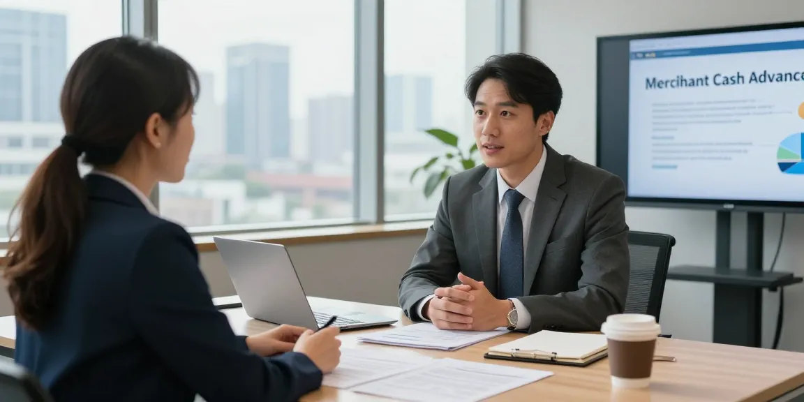 Merchant cash advance UK consultation scene with advisor and small business owner in modern office.