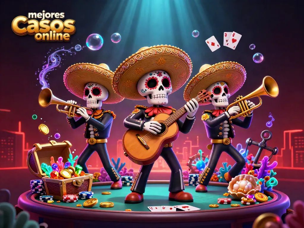 Juega en los mejores casinos online con mesas de póker y animada banda de mariachis de colores.