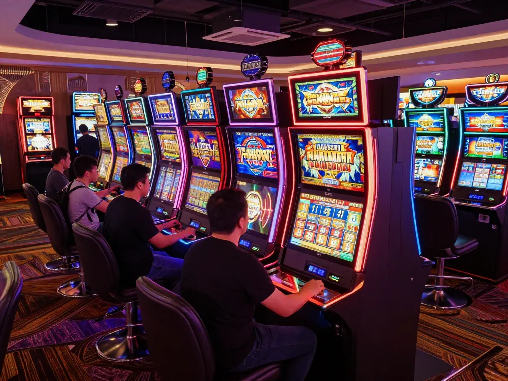 Sparking excitement at the situs slot section of a vibrant casino with colorful machines and eager players.