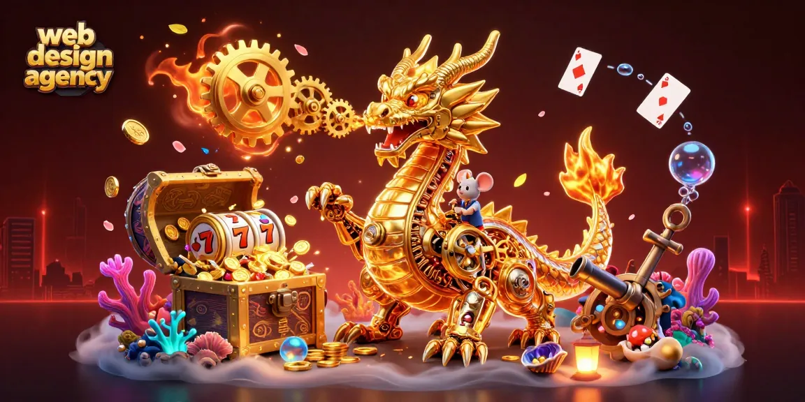 Engage users with a captivating scene from a web design agency showcasing a golden dragon amidst colorful casino visuals.