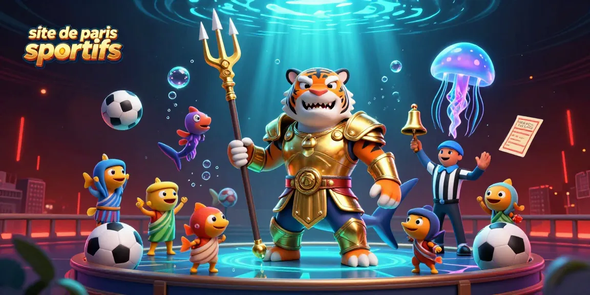 Illustration colorée du site de paris sportifs avec un requin-tigre guerrier et de nombreux éléments de jeu, créant une scène dynamique.