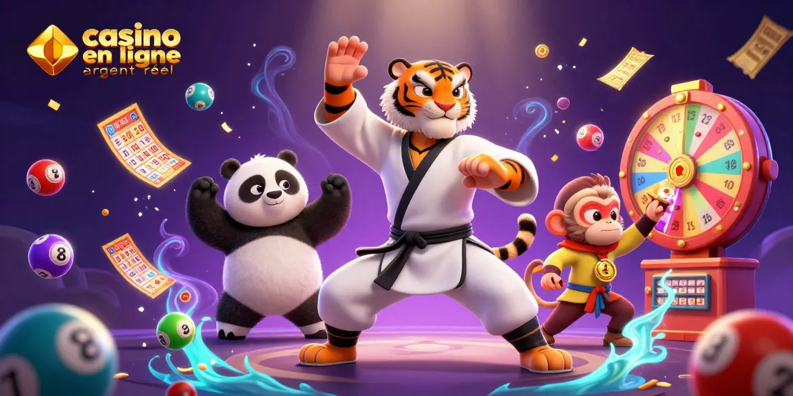 Animation de tigre en arts martiaux pour le casino en ligne argent réel, jeu dynamique avec boule de loterie colorée.