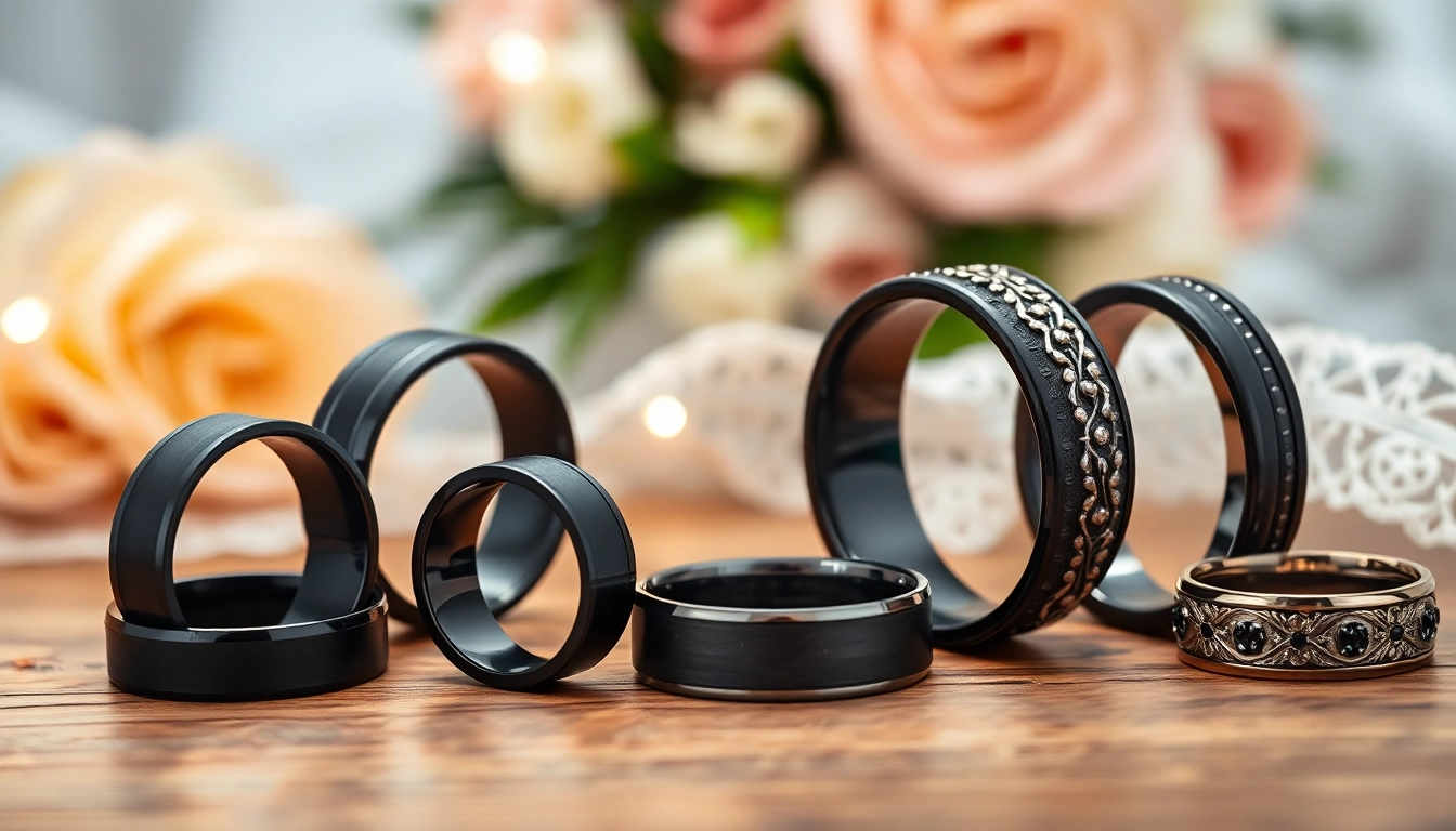 Feature stunning Black Wedding Rings for Men highlighted elegantly on a classy background.
