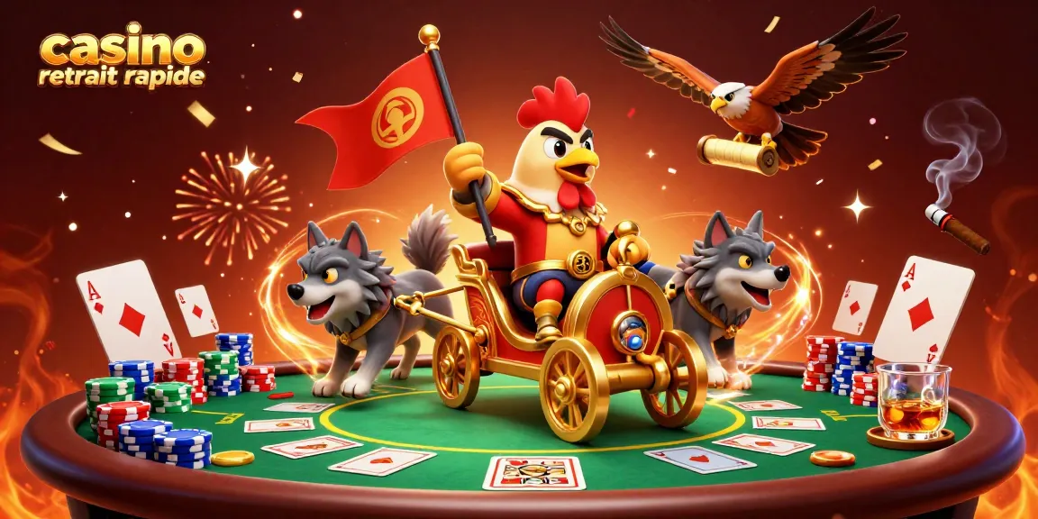 Illustration de casino retrait rapide avec un coq guerrier et des éléments de poker vibrants.