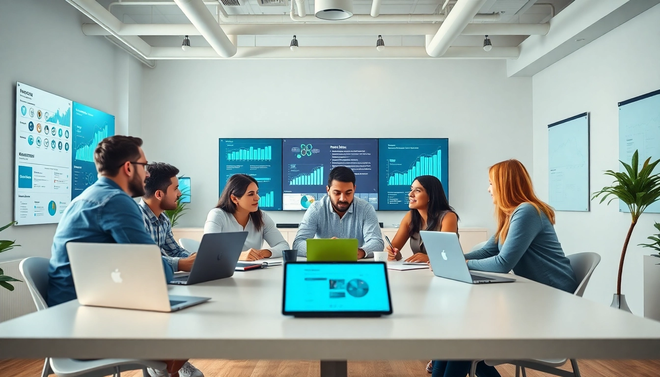 Social media agency team collaborating creatively in a modern office.