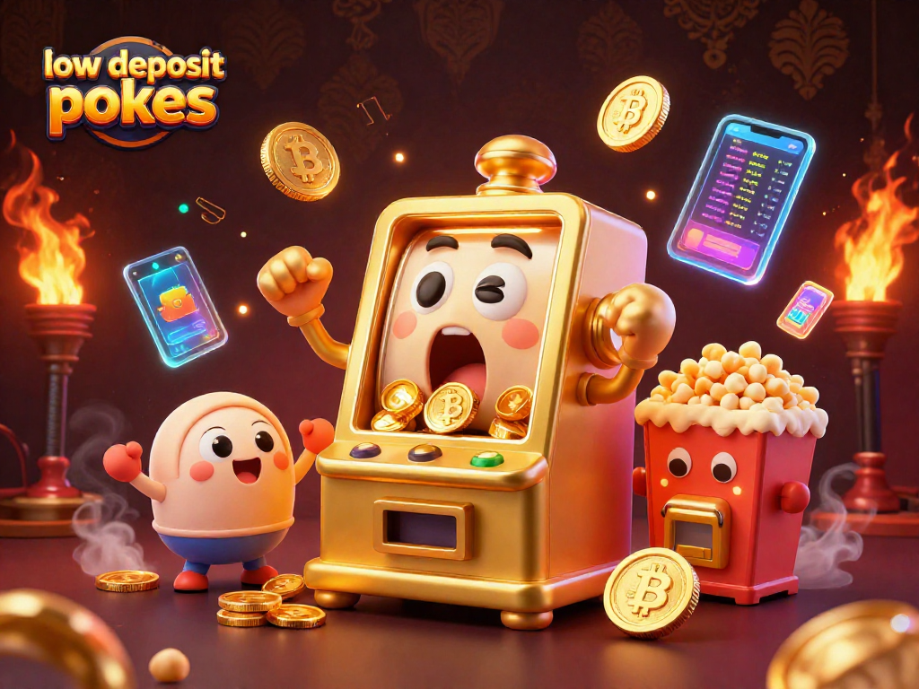 Enjoy thrilling low deposit pokies with a golden slot machine winning a jackpot amidst a vibrant casino atmosphere.
