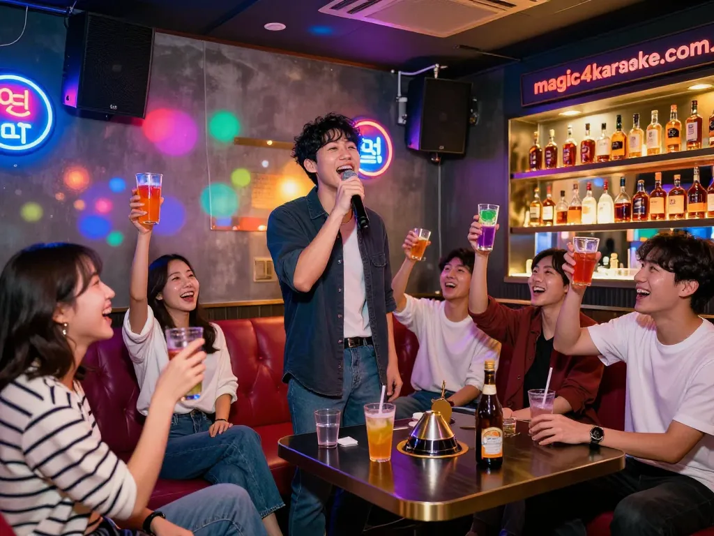 Diverse Jeju Island nightlife at https://www.magic4karaoke.com/ with friends singing, colorful lights, and whiskey menu in stylish karaoke bar.