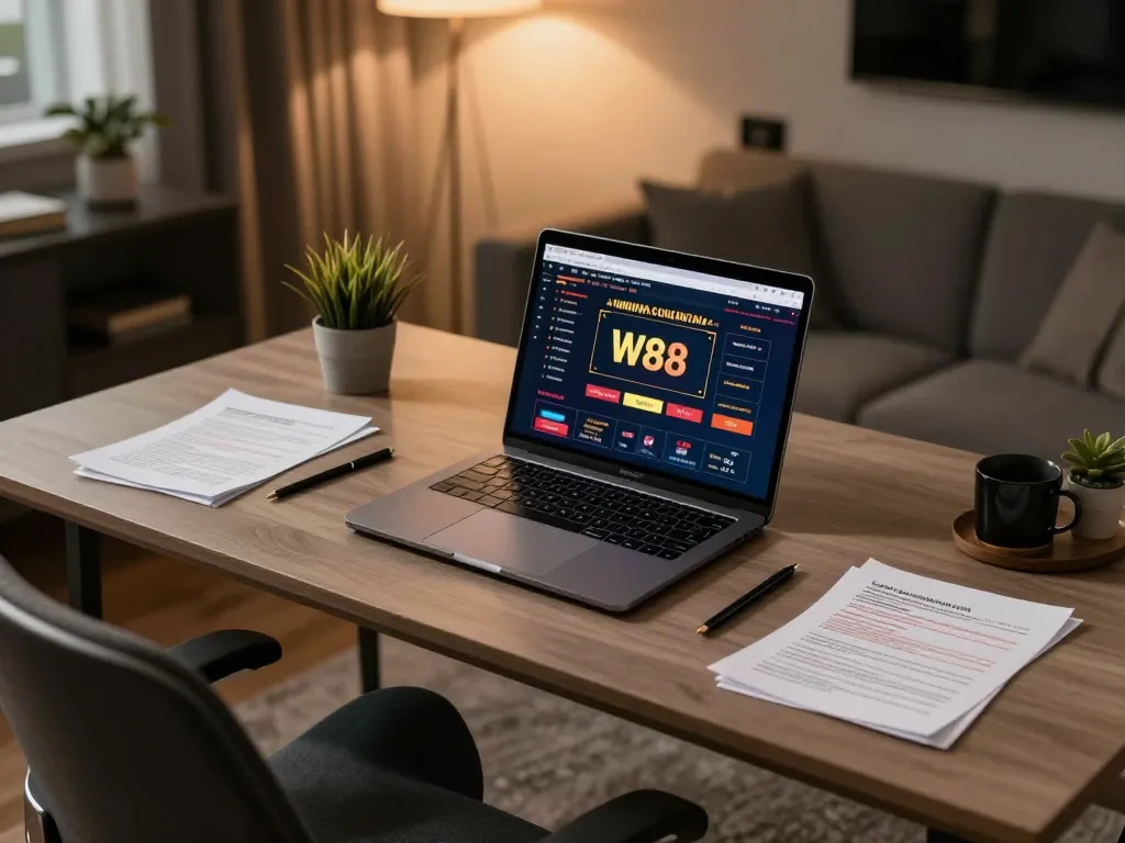 Engaged gambler exploring w 88 online casino with strategic betting tips in a modern home setup