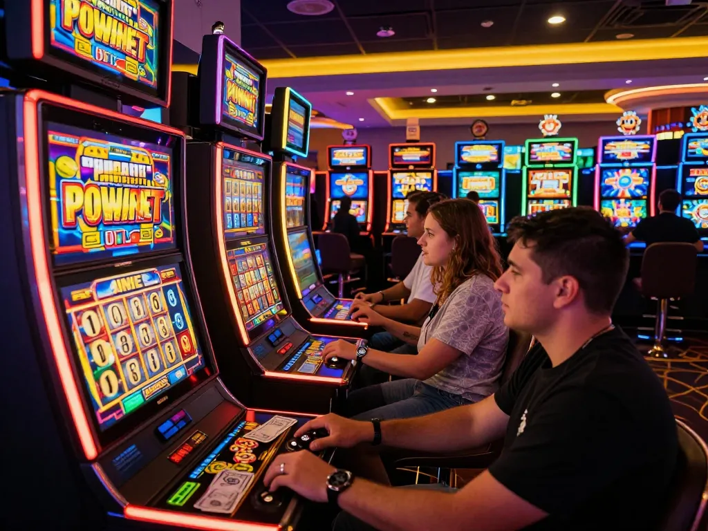 Excited players engaged with the powernet slot at a lively casino, colorful machines and vibrant lights.