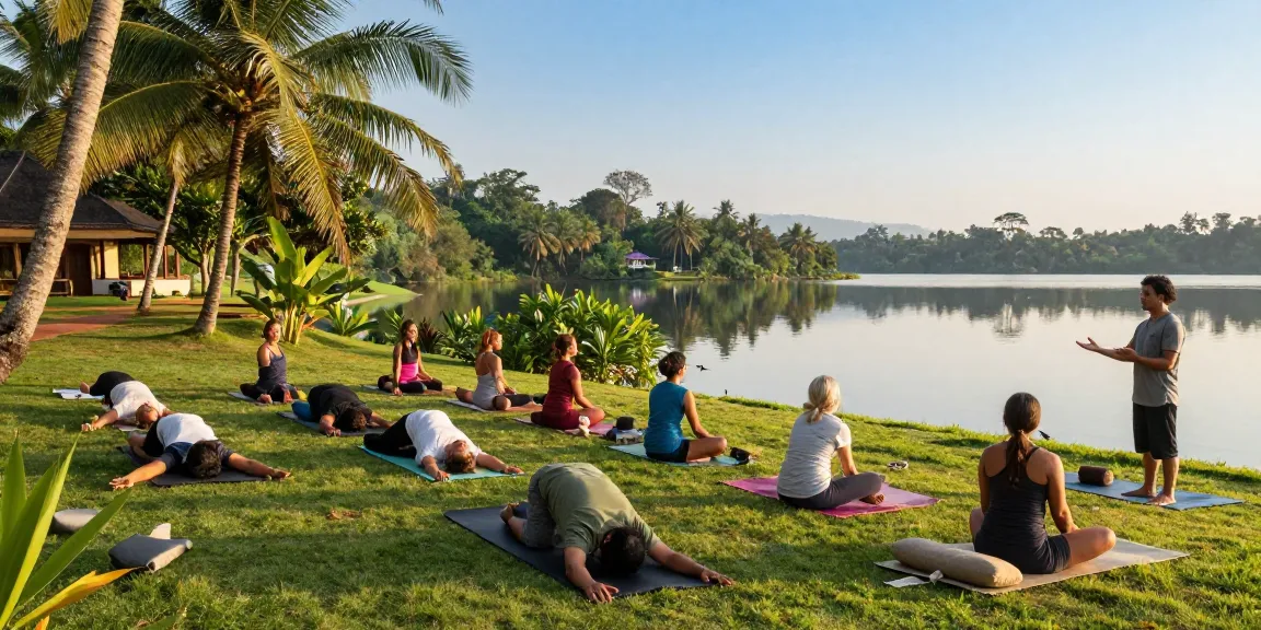 Yin yoga teacher training sri lanka with diverse participants practicing by Koggala Lake, serene lakeside atmosphere.