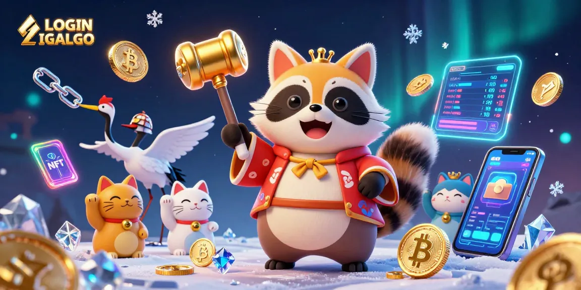 Engage with thrilling action at LOGIN LIGALGO, a vibrant 3D casino scene filled with animated characters and crypto elements.