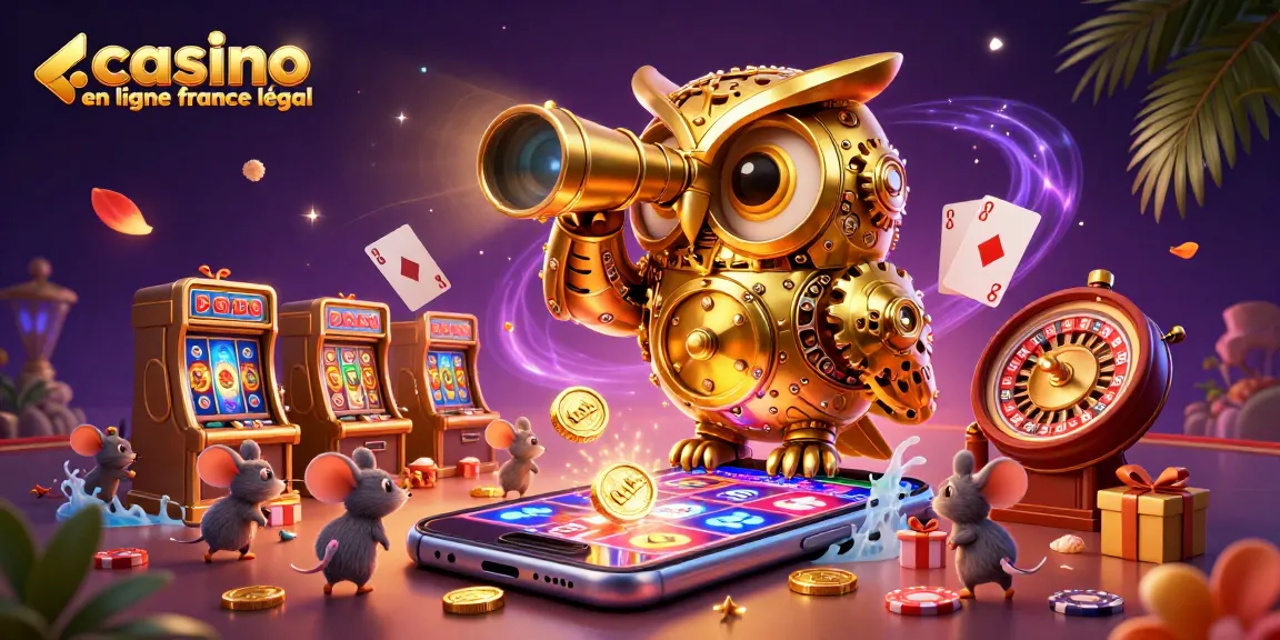 Une illustration dynamique du casino en ligne France légal avec un hibou d'or, des machines à sous et des pièces dorées.