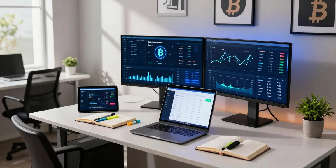 Bitcoin mining website workspace featuring multiple monitors displaying cryptocurrency data, blockchain applications, and secure digital wallet insights.