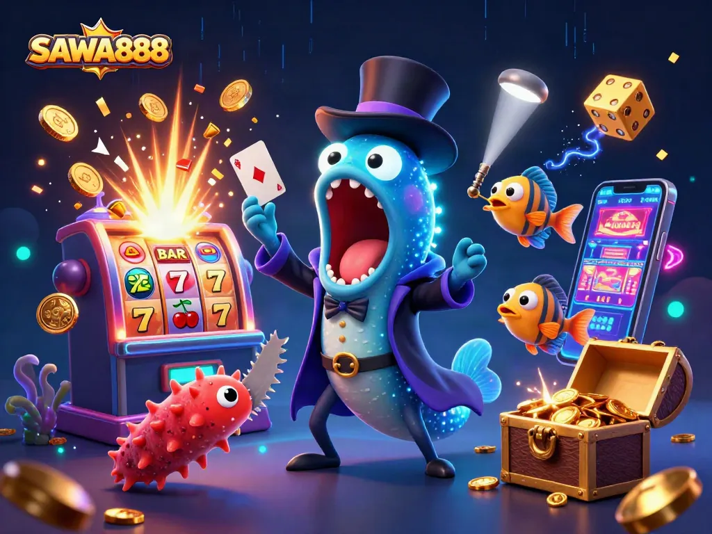 Experience thrilling magic tricks in a colorful casino scene with SAWA888 symbols and vibrant characters.