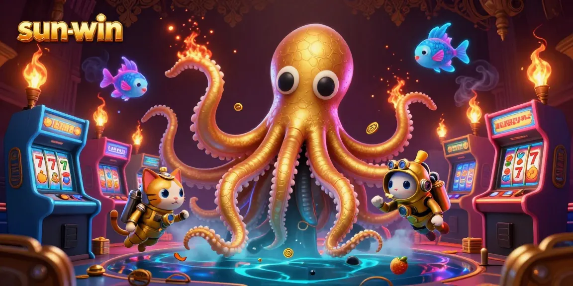 Engage with sun-win, a vibrant 3D casino scene featuring a kraken, diving cat, and slot machine elements.