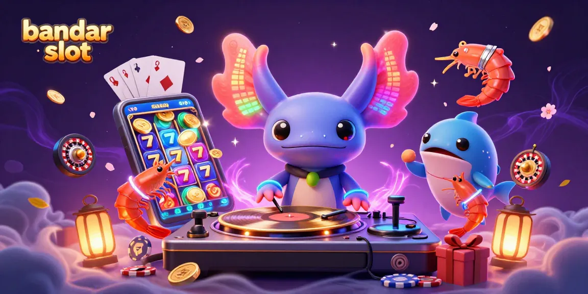Interactive bandar slot scene with vibrant characters spinning reels and celebrating wins.